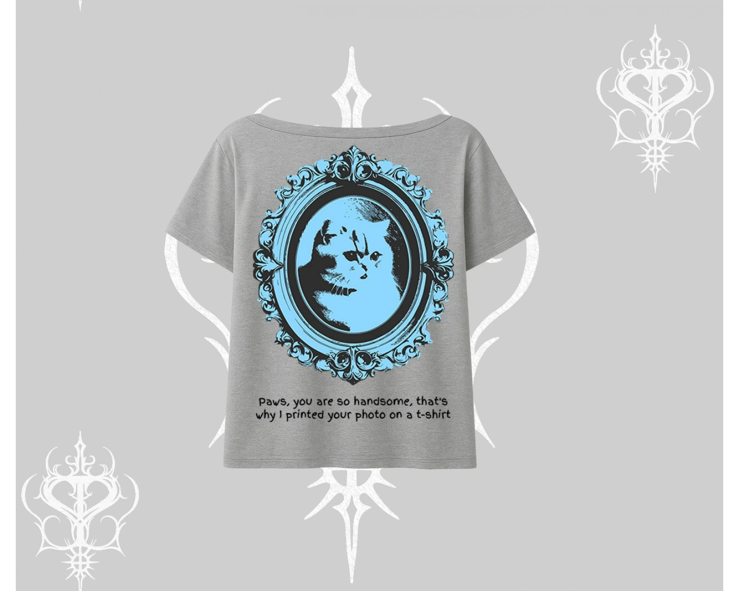 Çerçeveli Kedi Baskılı Kayık Yaka Tshirt