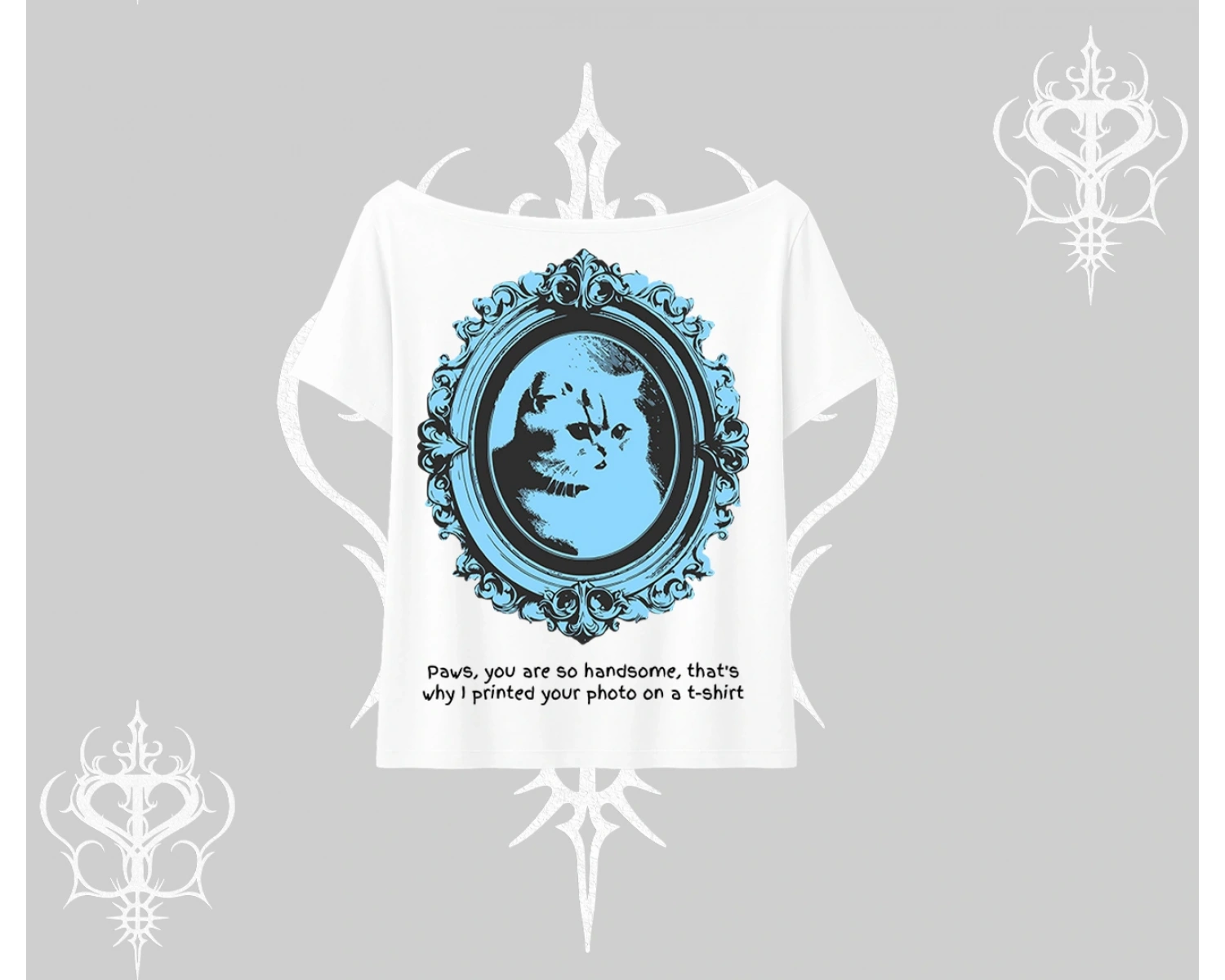 Çerçeveli Kedi Baskılı Kayık Yaka Tshirt