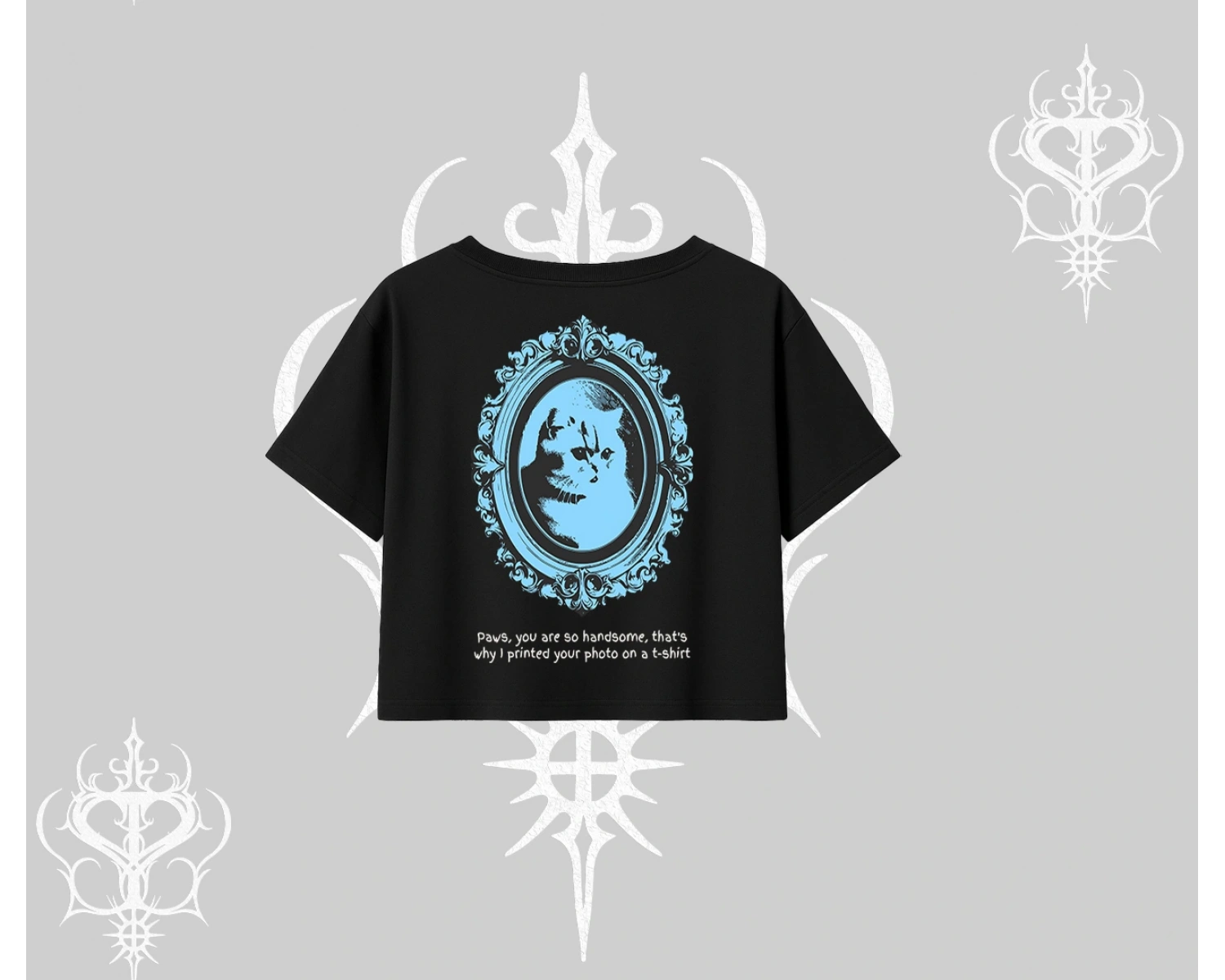 Çerçeveli Kedi Baskılı Oversize Crop Tshirt