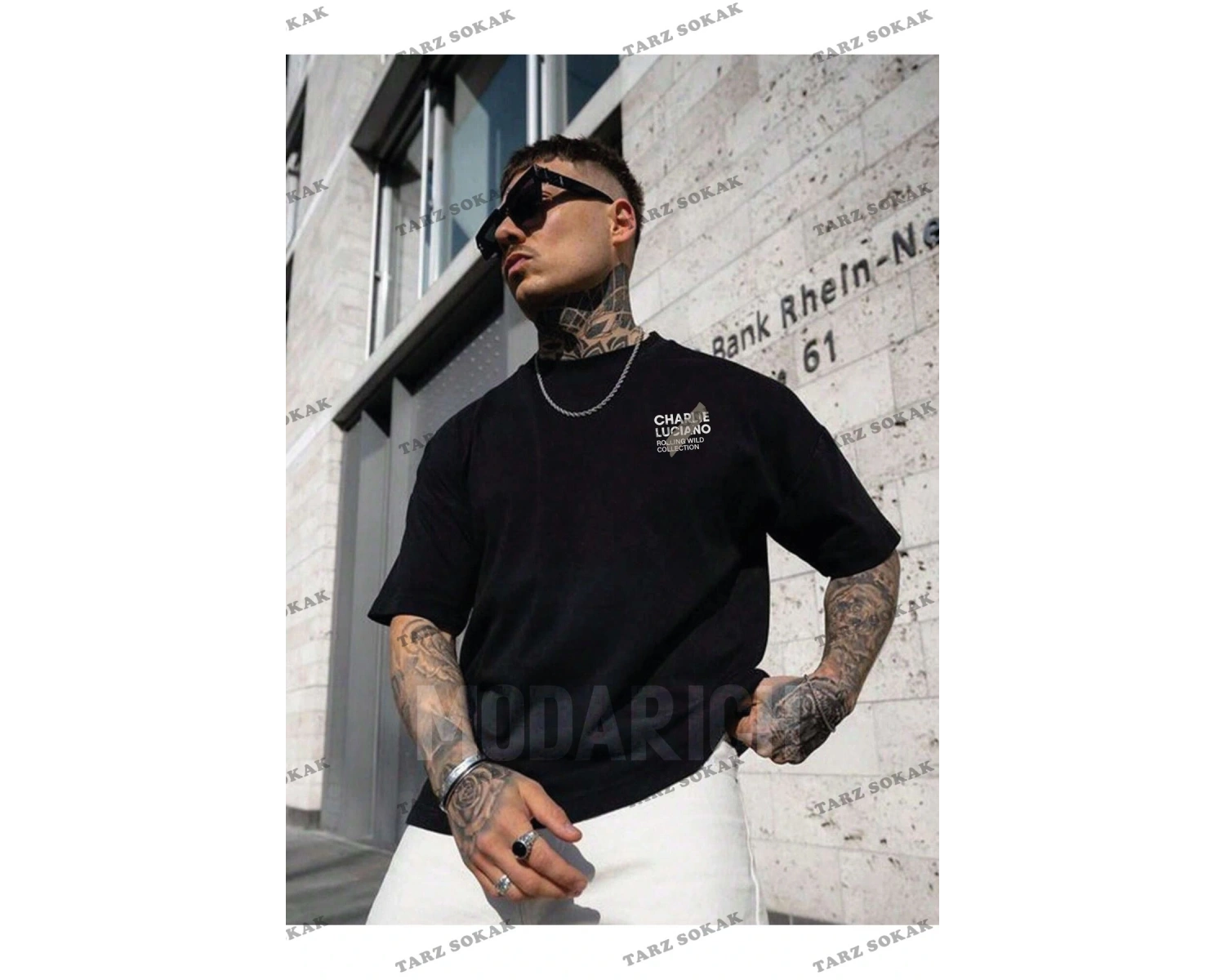 Charlie Luciano T-shirt - Siyah Baskılı Oversize Bisiklet Yaka Kısa Kol