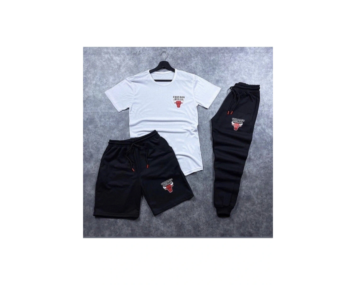 Chicago Baskılı Beyaz - Siyah Slim Fit 3’lü Takım ( Tişört - Şort - Eşofman Alt