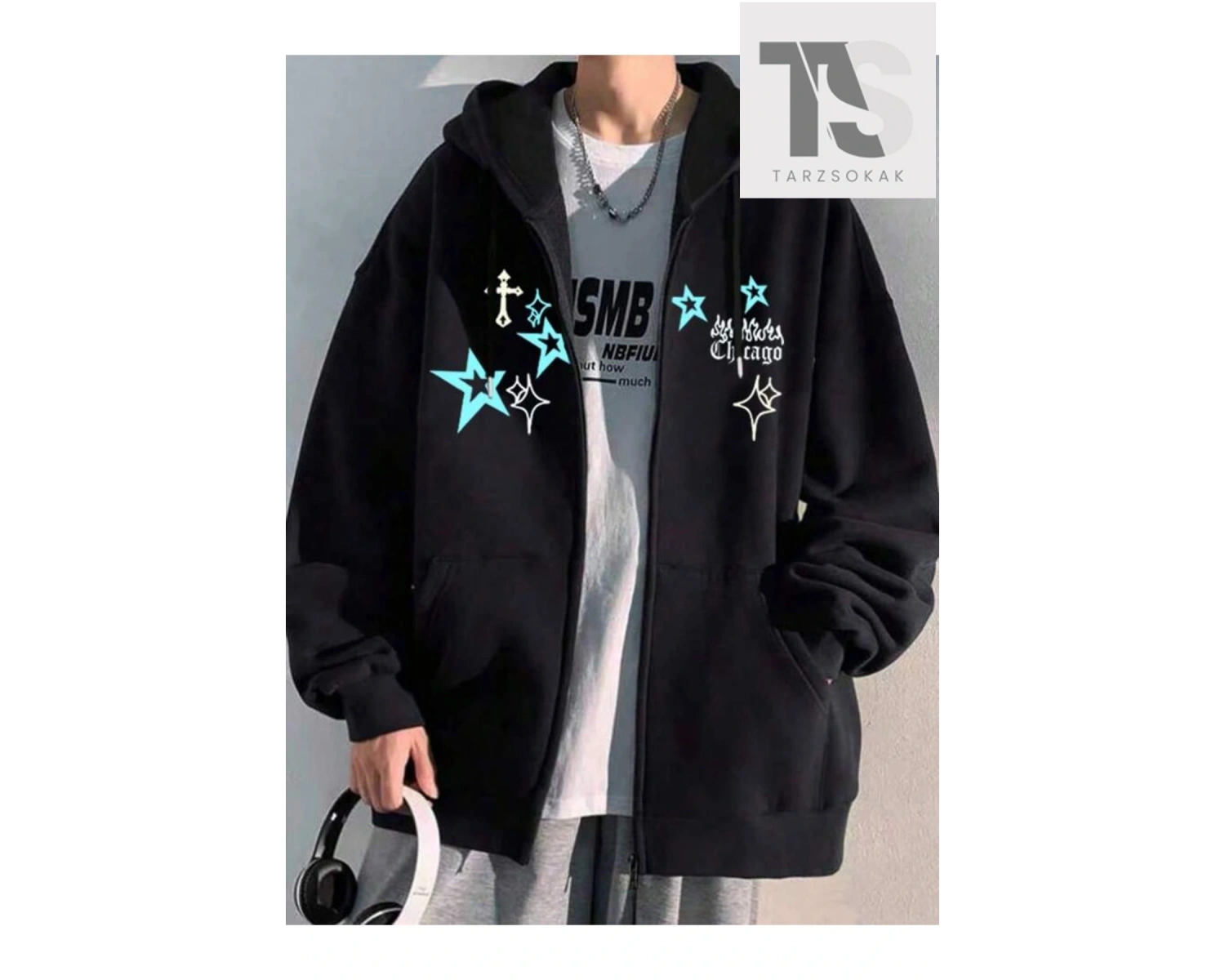 Chicago Star Sembol Sweatshirt Fermuarlı Hırka Siyah