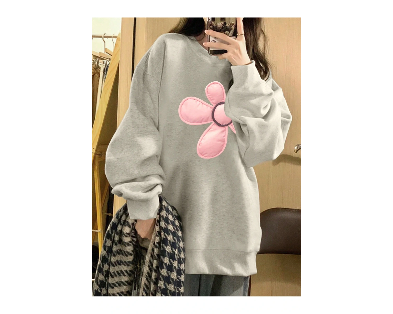 Çiçek Desenli Düşük Omuz Büyük Beden Sweat Gri