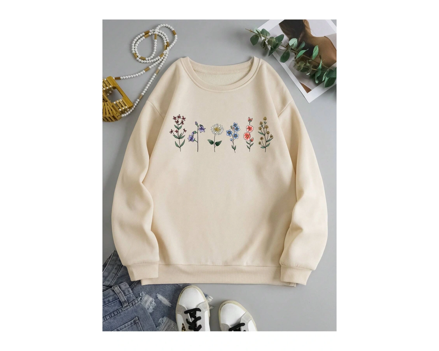 Çiçek Desenli Termal Astarlı Sweat Bej