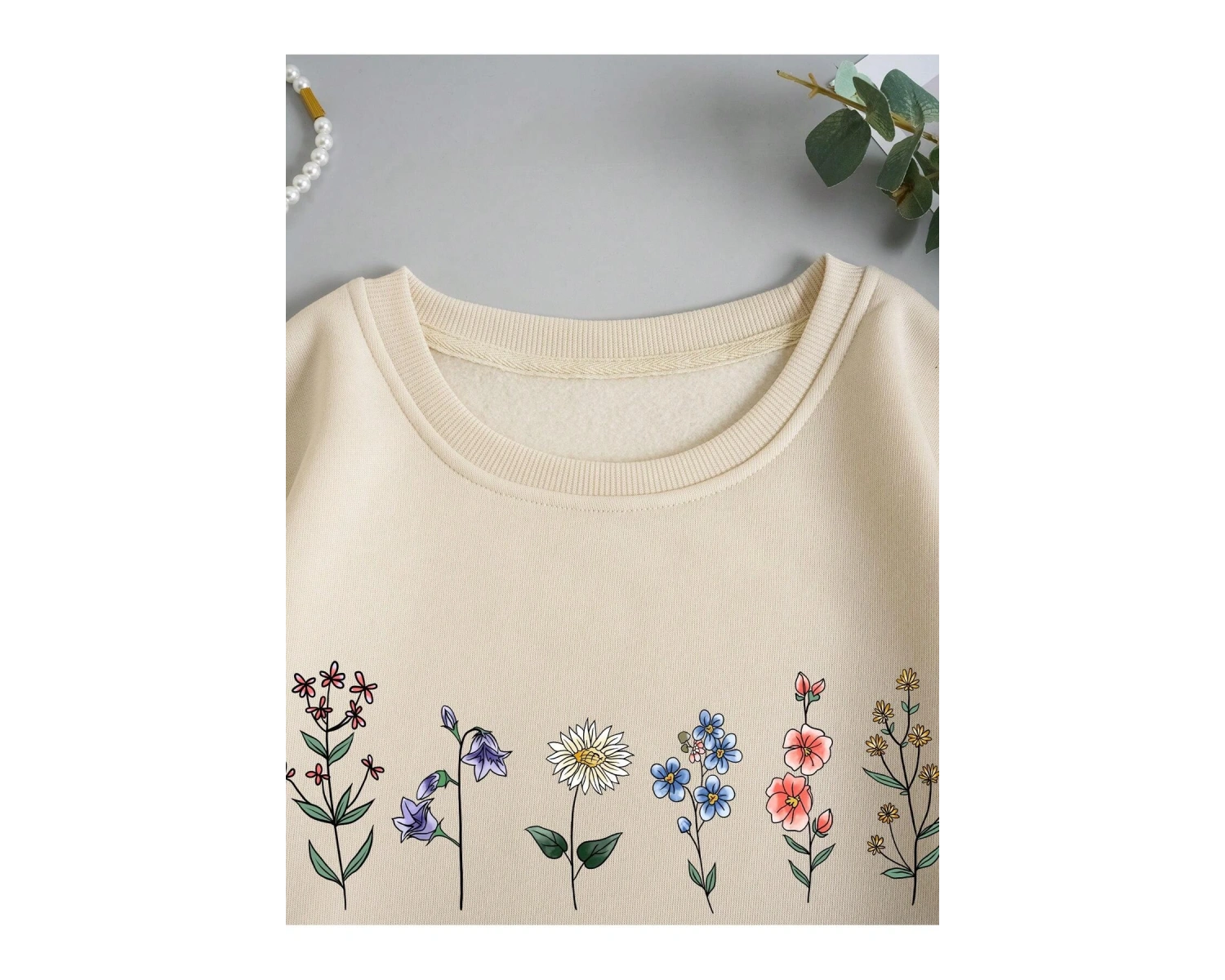 Çiçek Desenli Termal Astarlı Sweat Bej