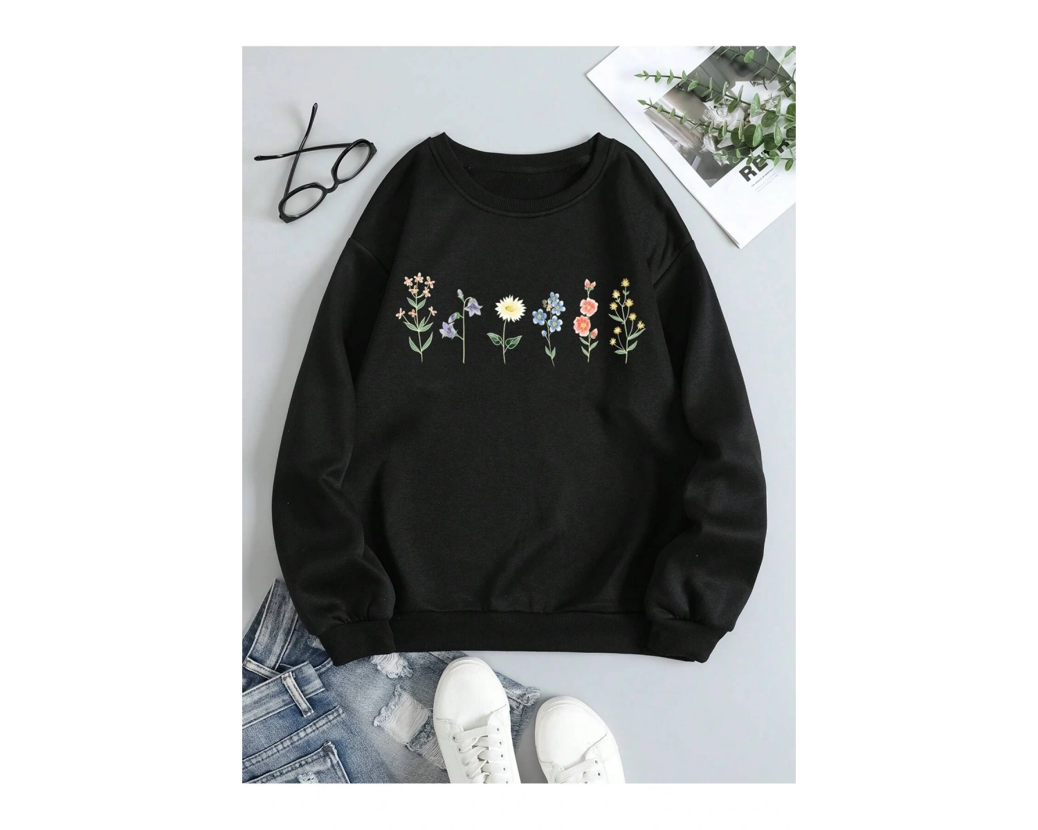 Çiçek Desenli Termal Astarlı Sweat Siyah