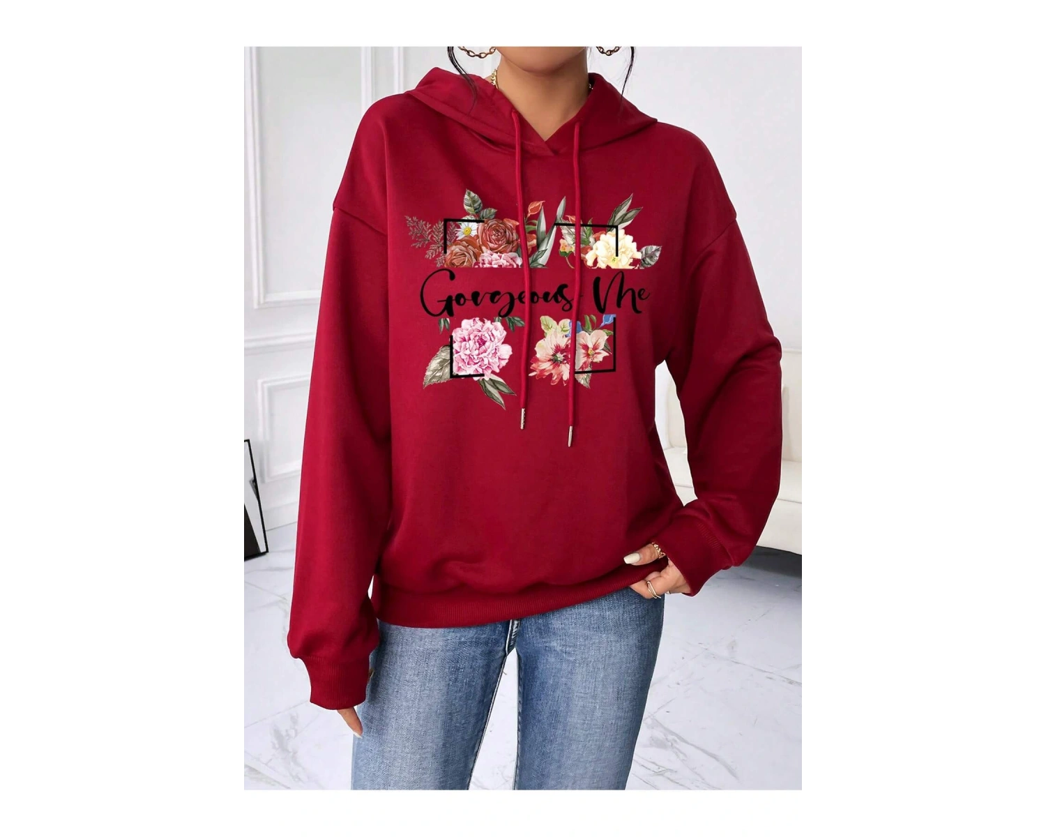 Çiçek ve Slogan Grafikli Düşük Omuzlu İpli Kapüşonlu Üst Bordo