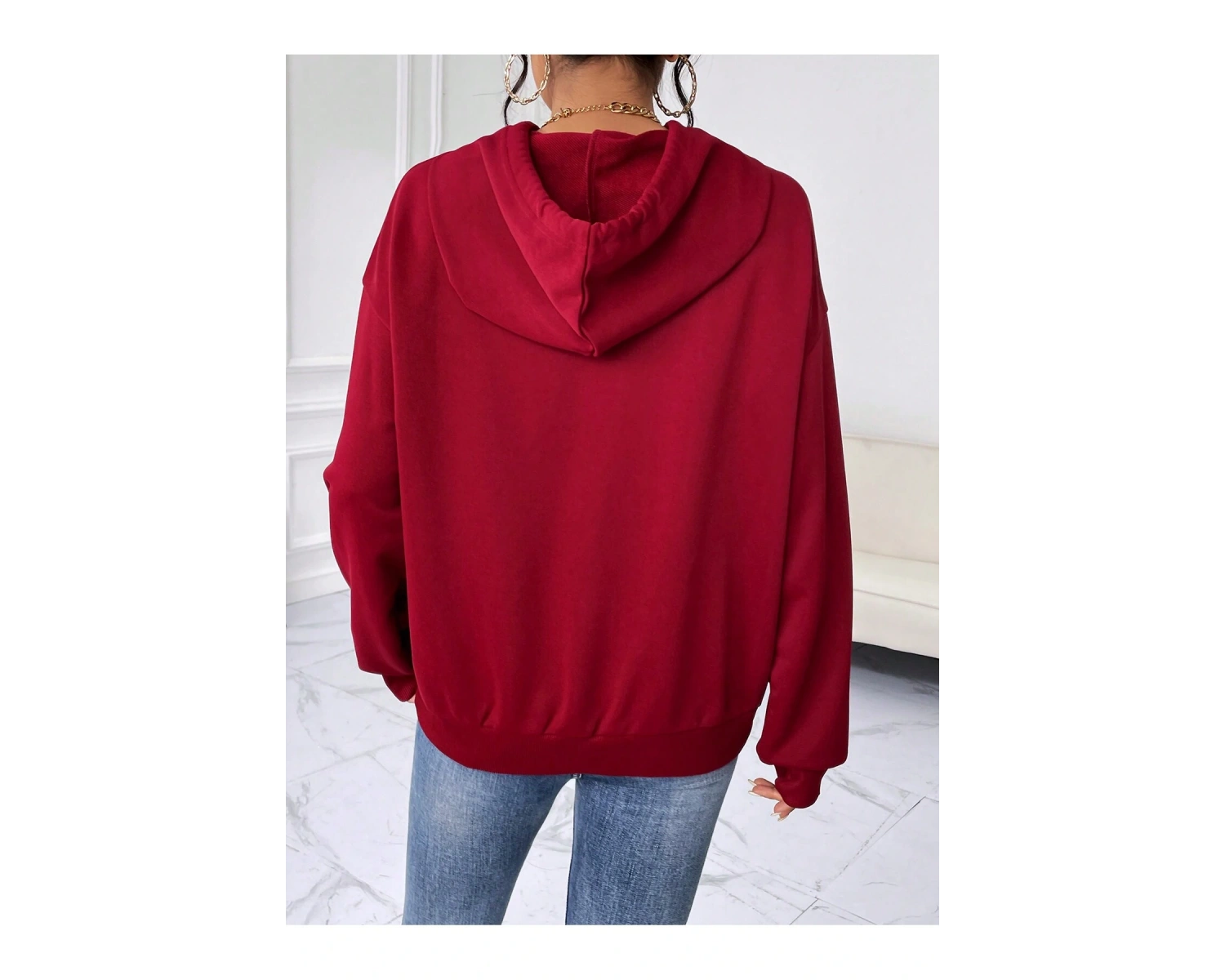 Çiçek ve Slogan Grafikli Düşük Omuzlu İpli Kapüşonlu Üst Bordo