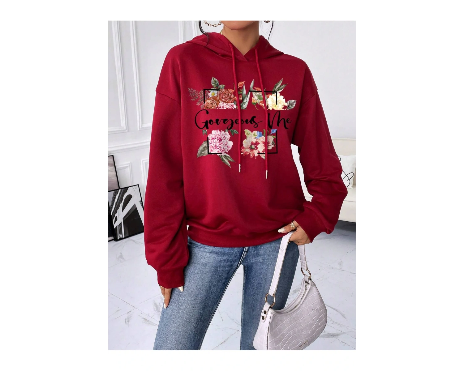 Çiçek ve Slogan Grafikli Düşük Omuzlu İpli Kapüşonlu Üst Bordo