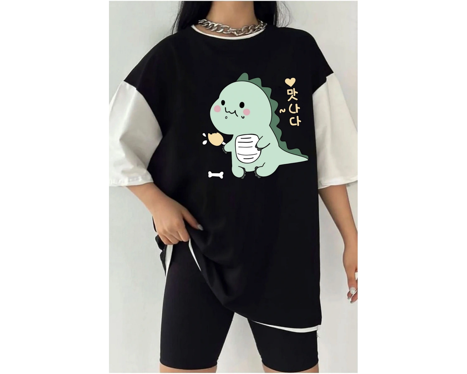 Çift Renk Dino Baskılı Unisex Tshirt