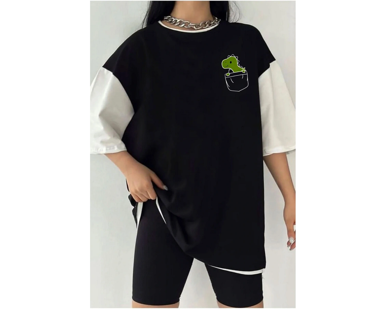 Çift Renk DİNO Baskılı Unisex Tshirt