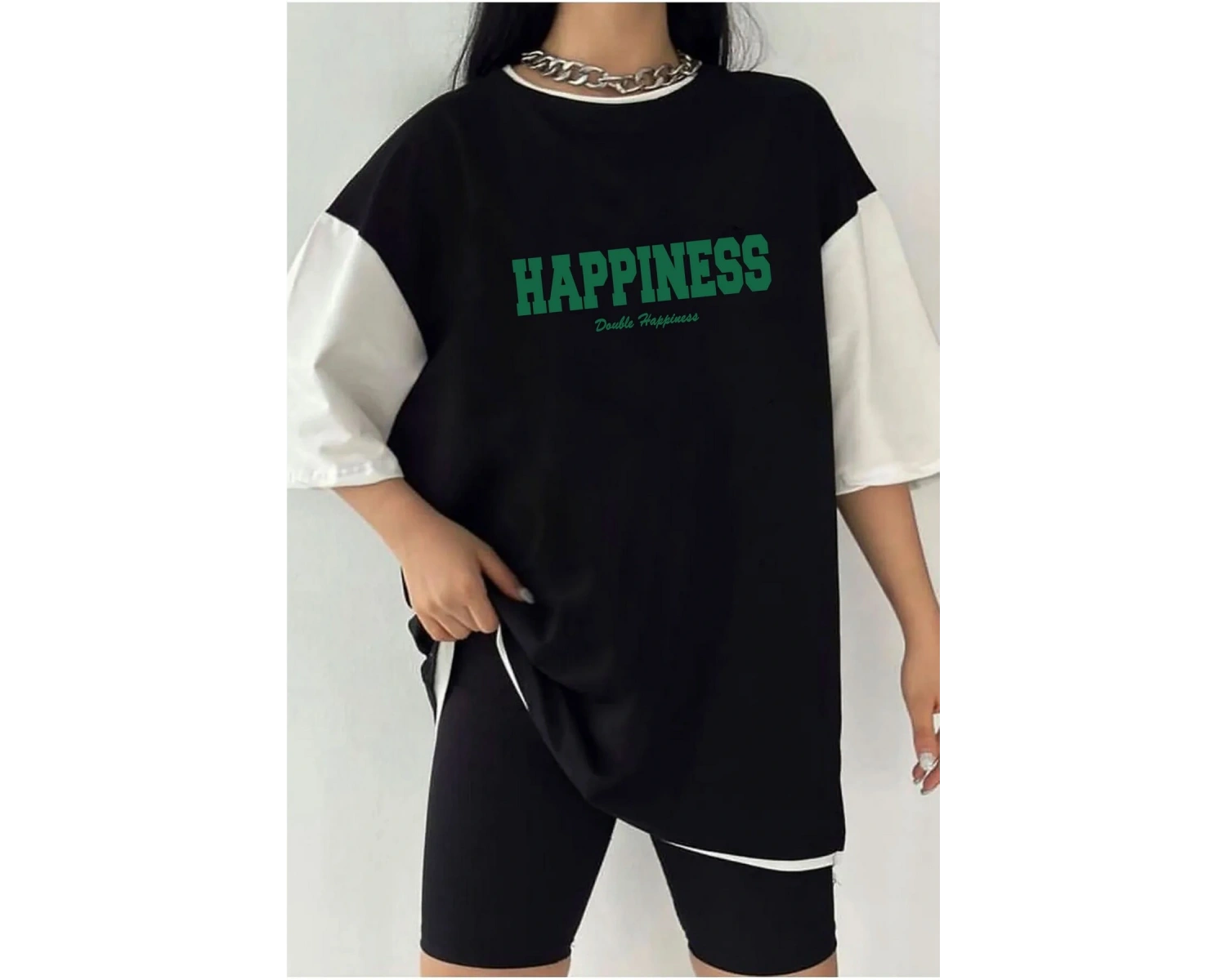 Çift Renk HAPPINESS Baskılı Unisex Tshirt