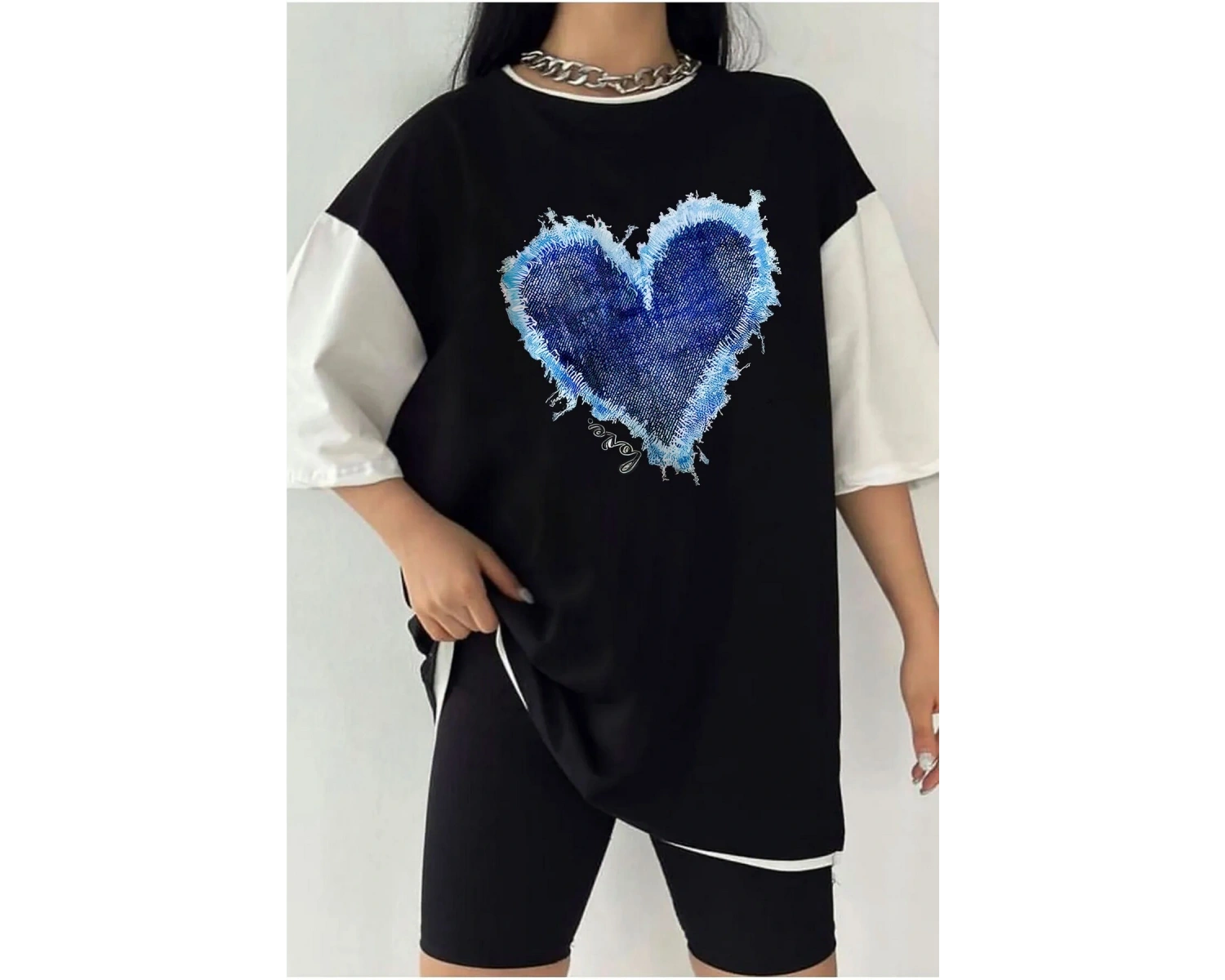 Çift Renk KALP Baskılı Unisex Tshirt