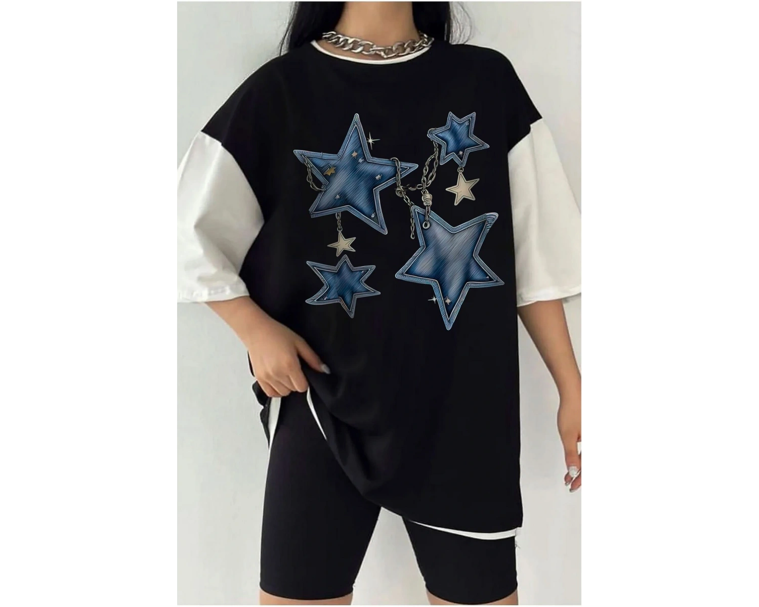 Çift Renk YILDIZ 3 Baskılı Unisex Tshirt