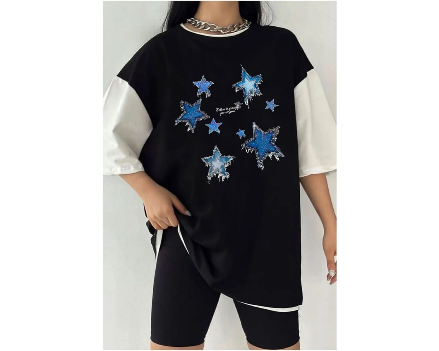 Çift Renk YILDIZ Baskılı Unisex Tshirt