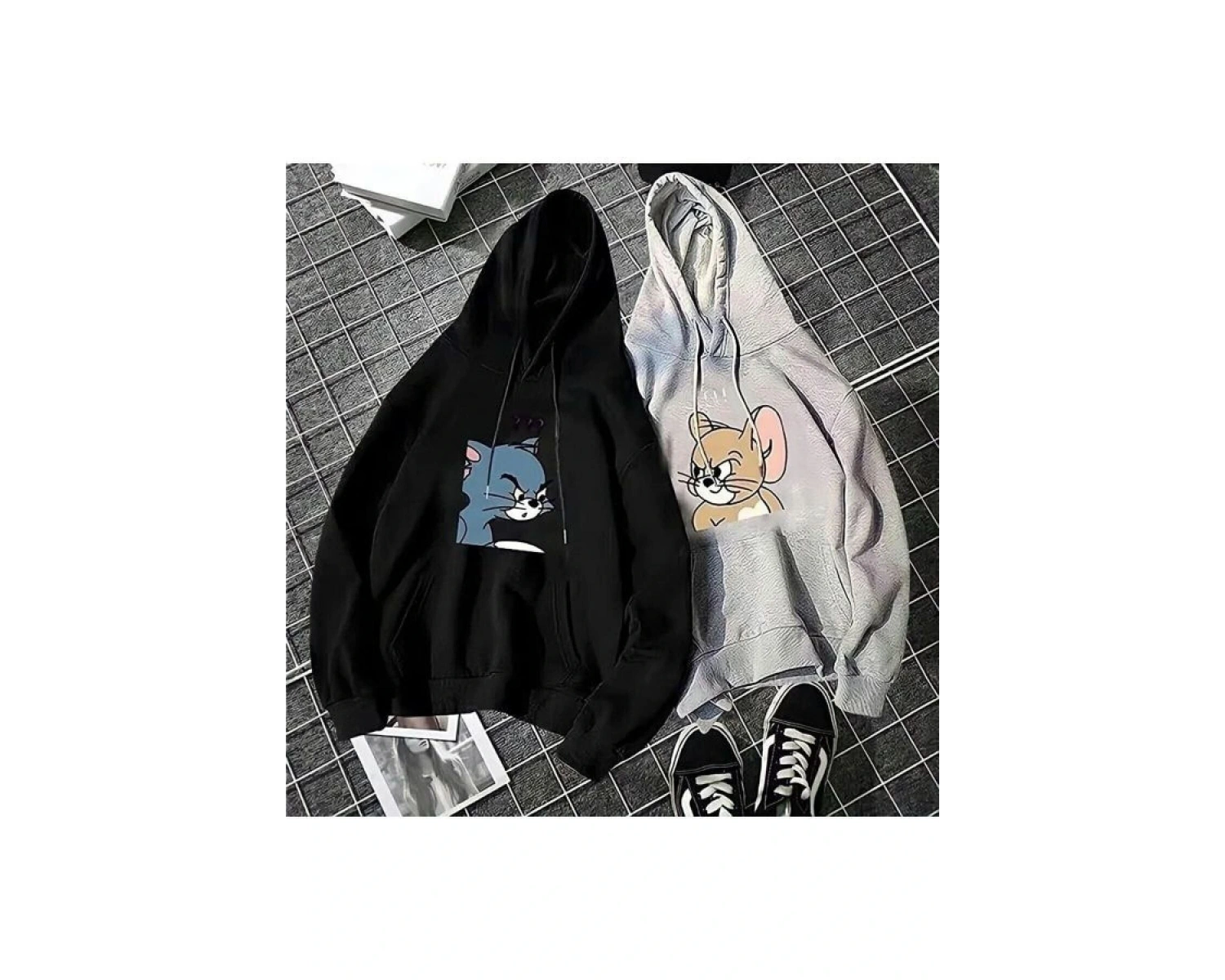 Çift Sevgili Siyah Gri Tom Ve Jery Baskılı Oversize Kapüşonlu Sweatshirt