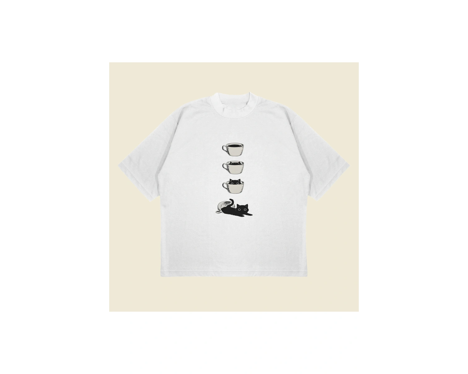 Coffee Cat Baskılı Oversize Unisex Pamuklu Nefes Alan Kalın Kumaşlı