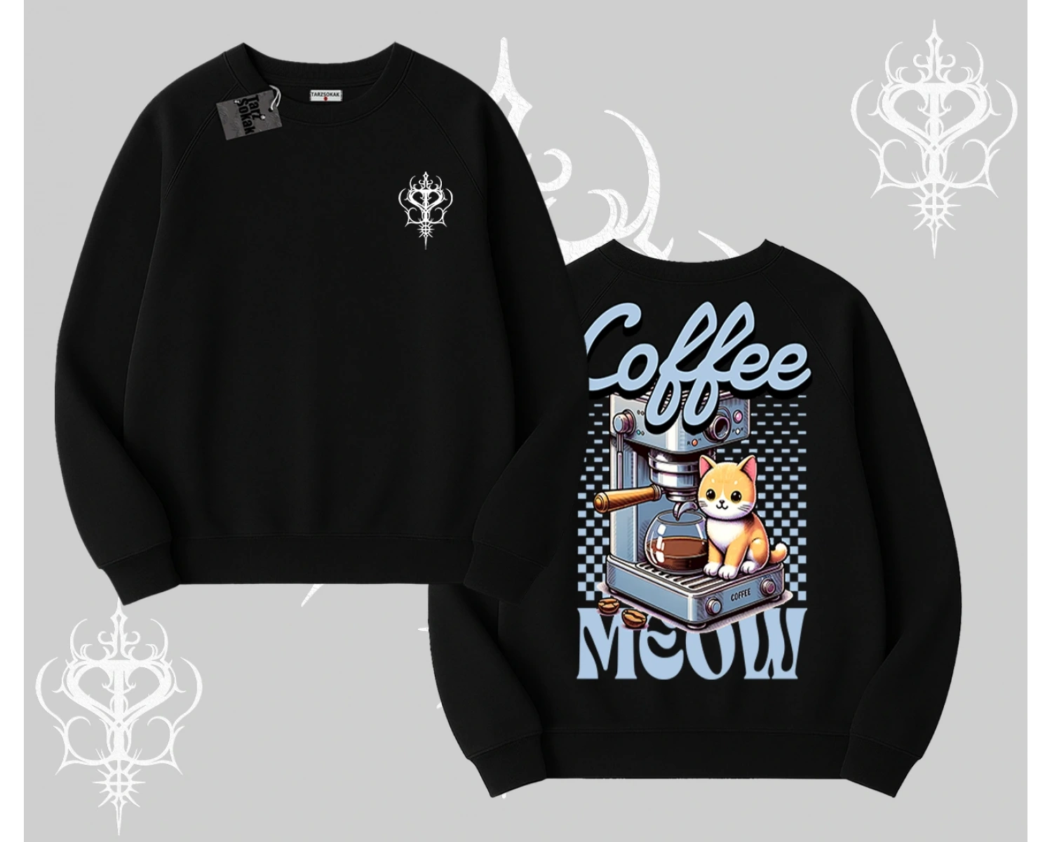 Coffee Meow Kahve Temalı Kedi Arka Baskılı Biskilet Sweatshirt