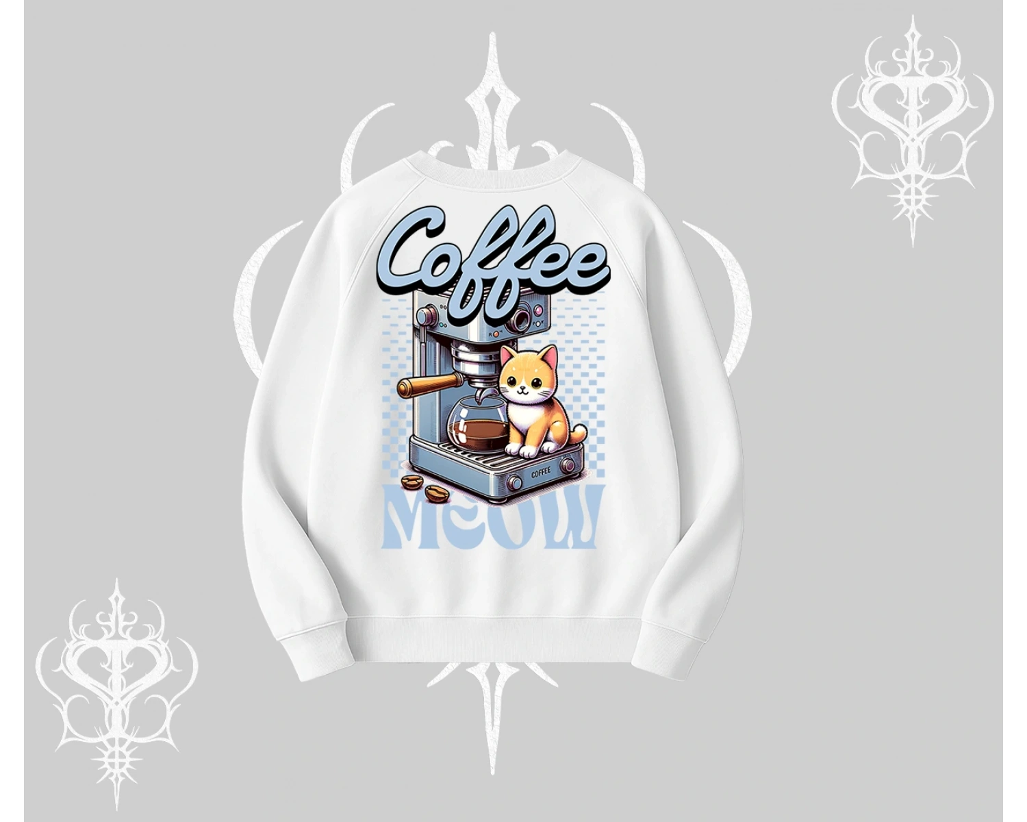 Coffee Meow Kahve Temalı Kedi Arka Baskılı Biskilet Sweatshirt