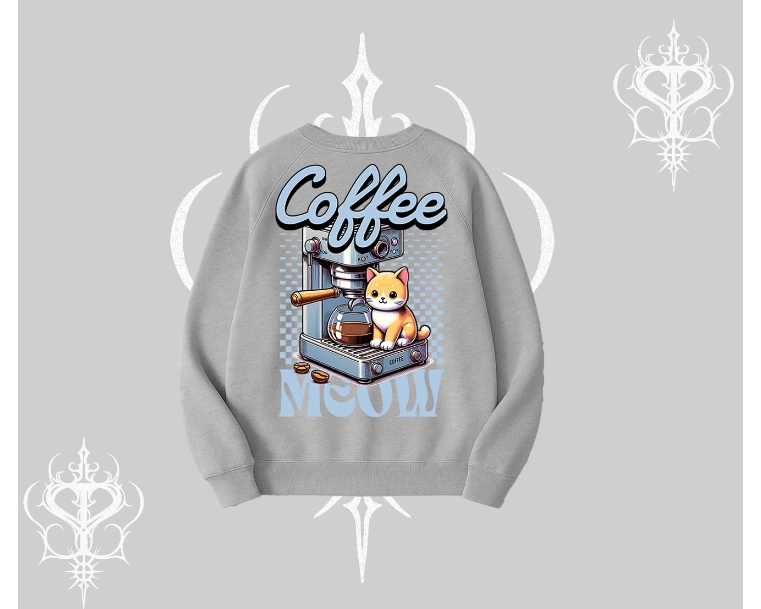 Coffee Meow Kahve Temalı Kedi Arka Baskılı Biskilet Sweatshirt
