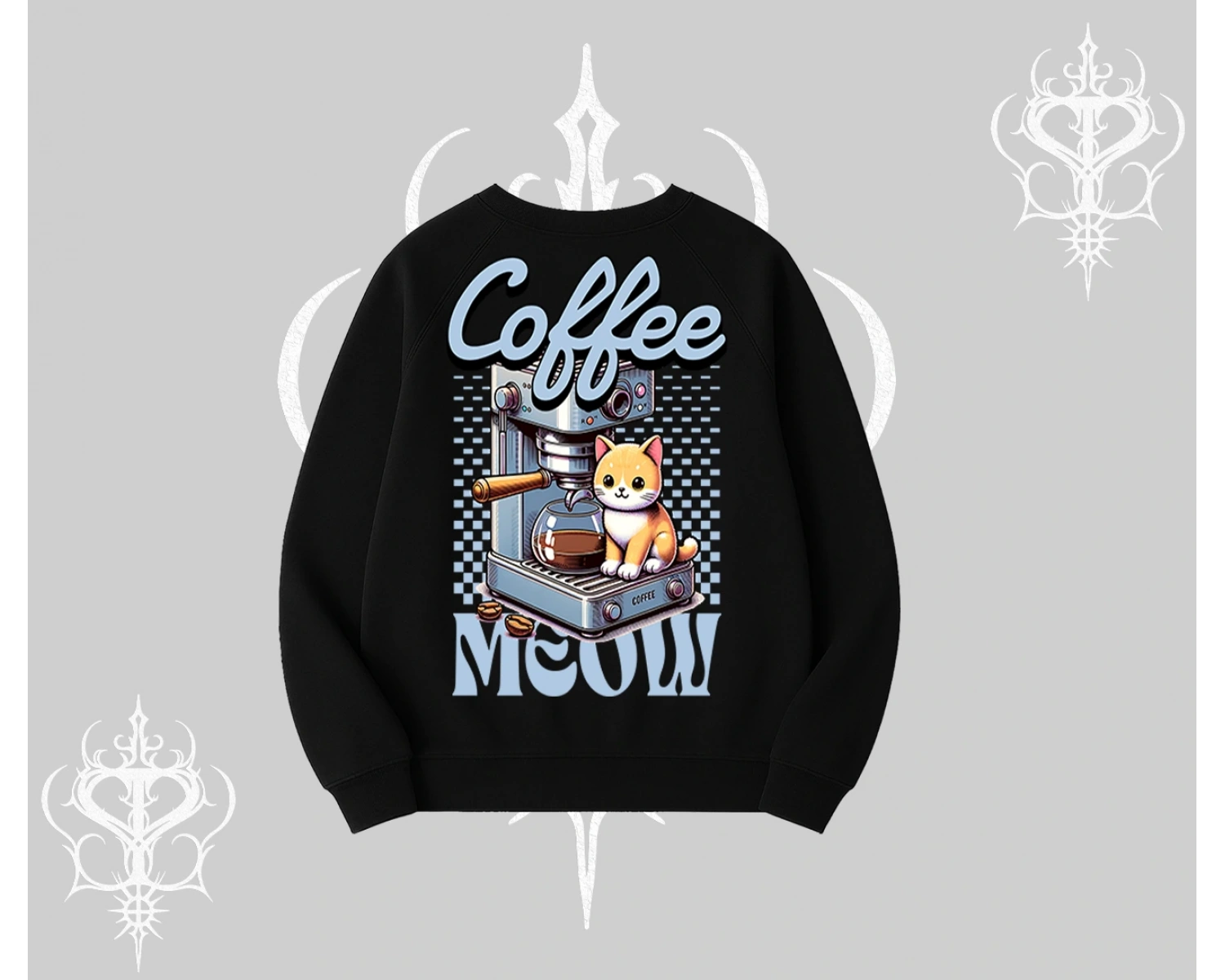 Coffee Meow Kahve Temalı Kedi Arka Baskılı Biskilet Sweatshirt