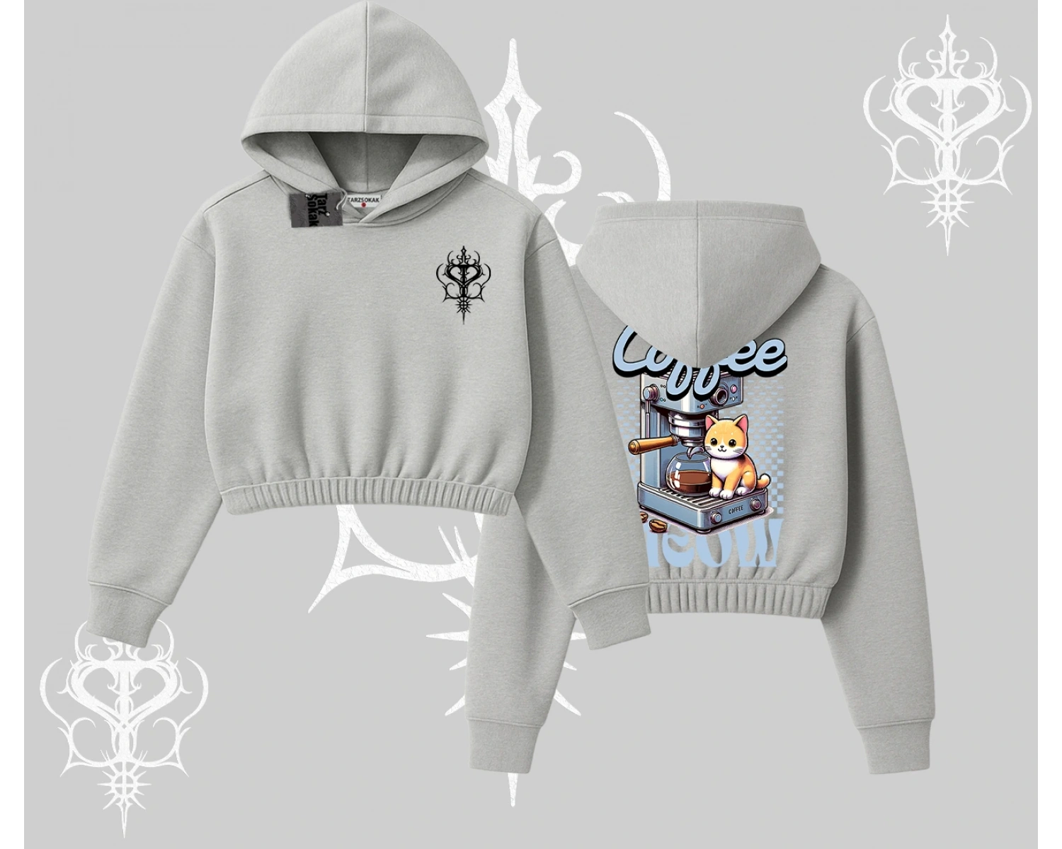 Coffee Meow Kahve Temalı Kedi Arka Baskılı Kapşonlu Crop Sweatshirt