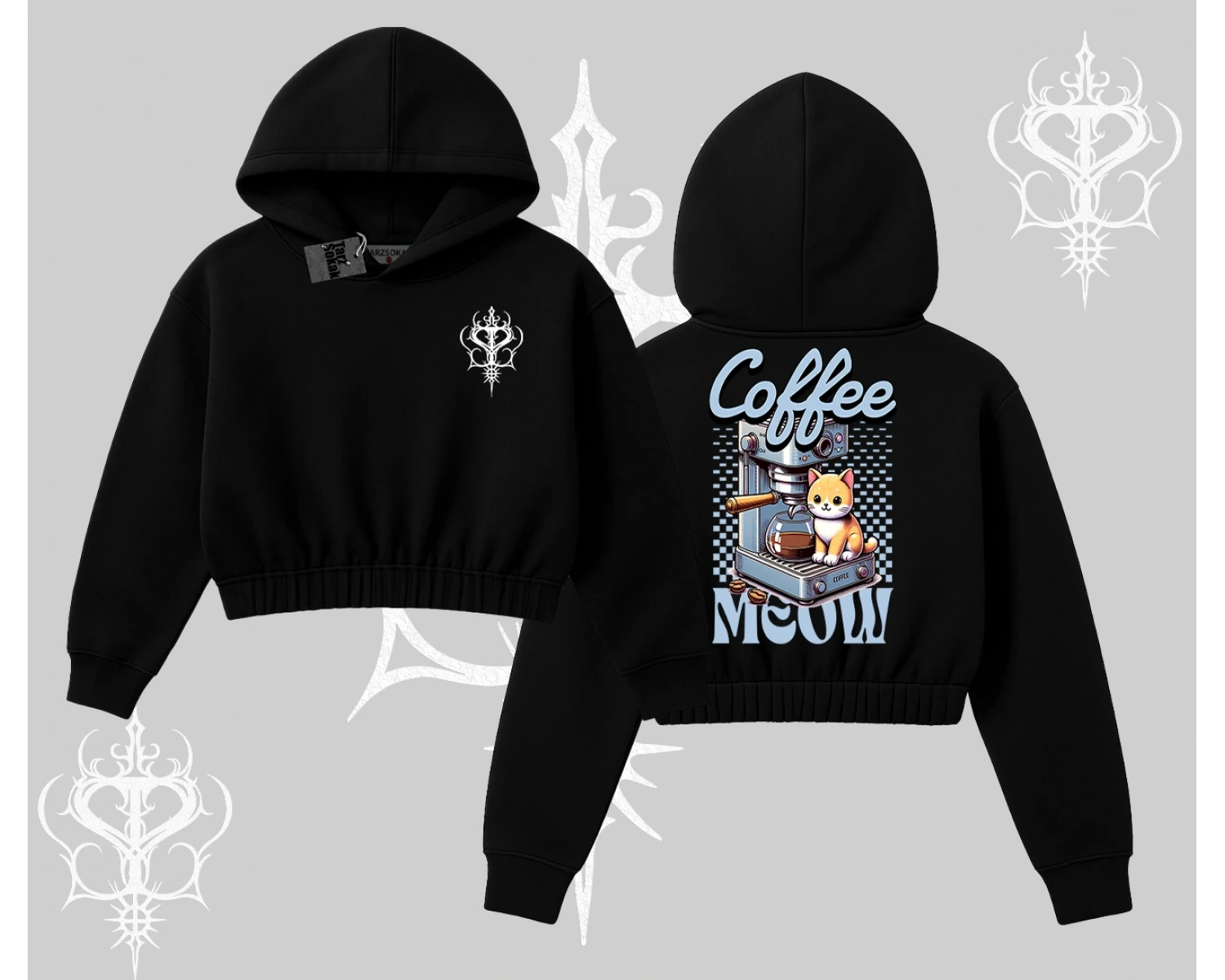 Coffee Meow Kahve Temalı Kedi Arka Baskılı Kapşonlu Crop Sweatshirt