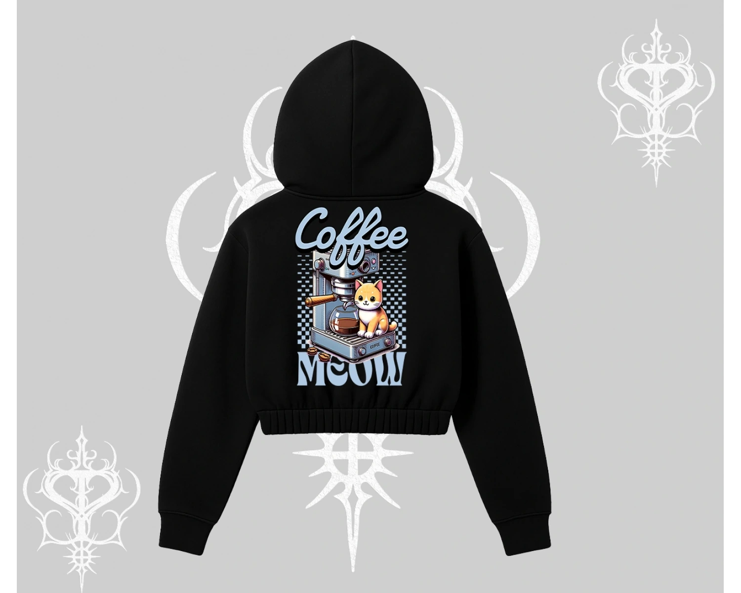 Coffee Meow Kahve Temalı Kedi Arka Baskılı Kapşonlu Crop Sweatshirt