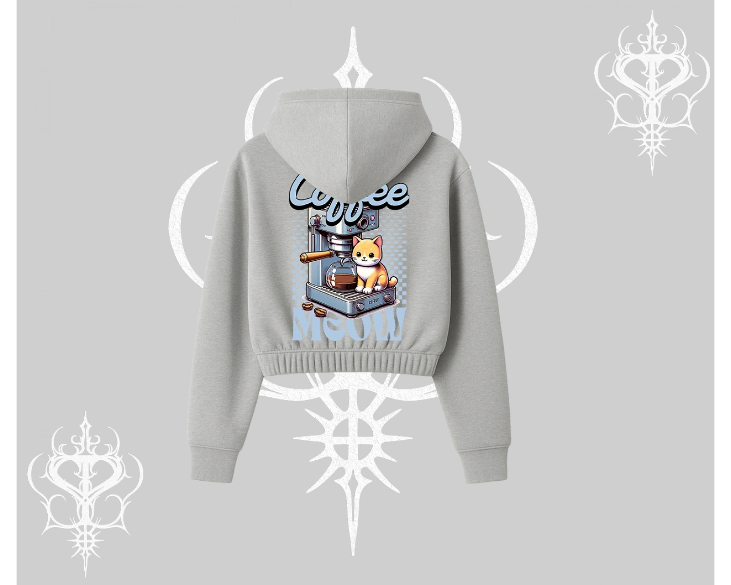 Coffee Meow Kahve Temalı Kedi Arka Baskılı Kapşonlu Crop Sweatshirt