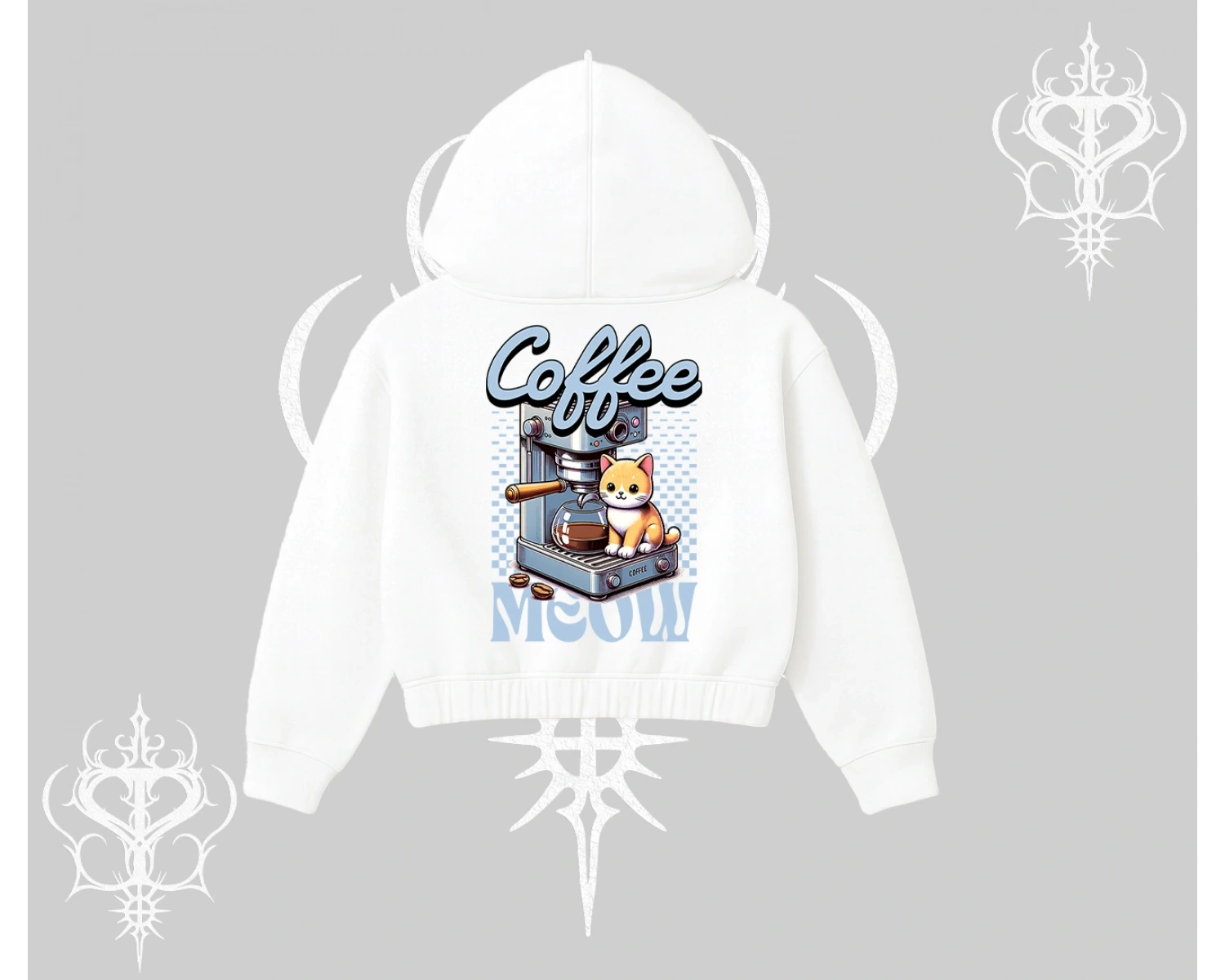Coffee Meow Kahve Temalı Kedi Arka Baskılı Kapşonlu Crop Sweatshirt
