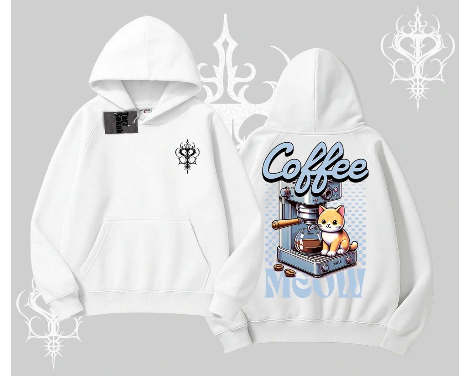 Coffee Meow Kahve Temalı Kedi Arka Baskılı Kapşonlu Sweatshirt