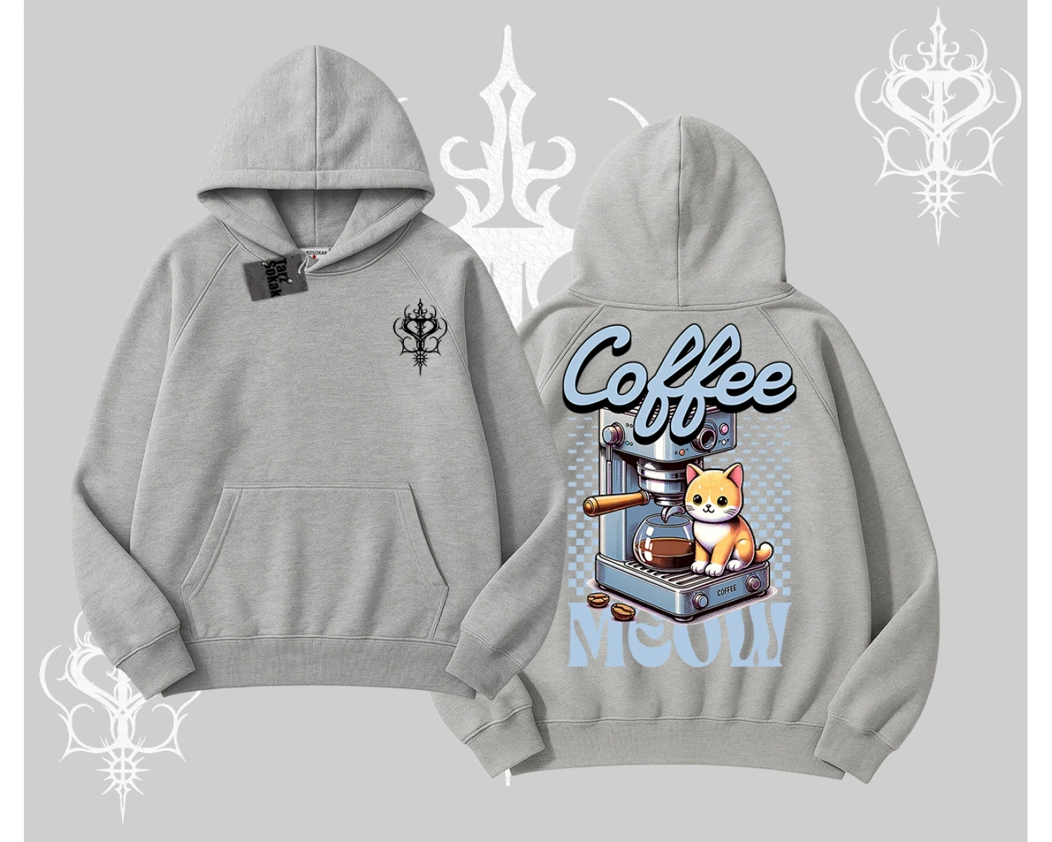 Coffee Meow Kahve Temalı Kedi Arka Baskılı Kapşonlu Sweatshirt