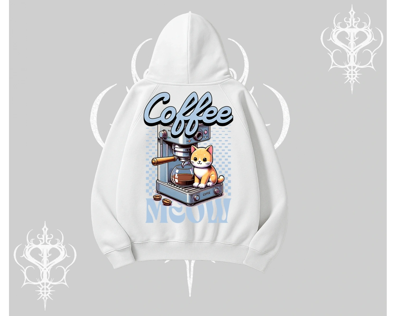 Coffee Meow Kahve Temalı Kedi Arka Baskılı Kapşonlu Sweatshirt