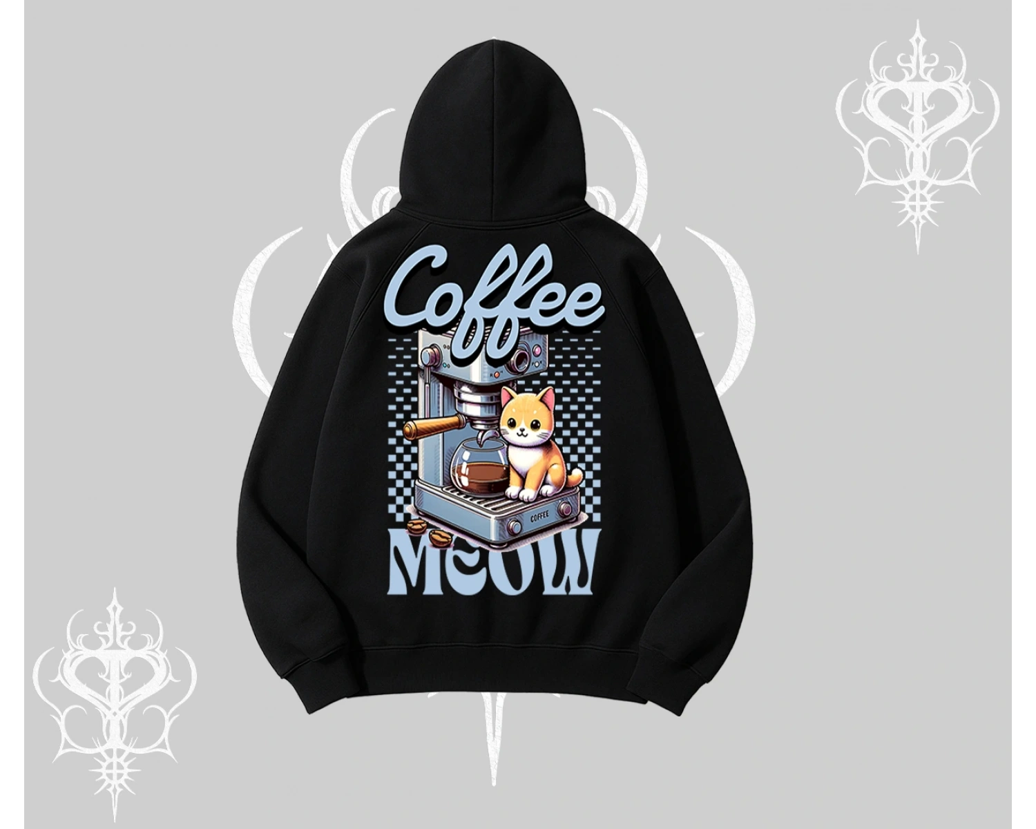 Coffee Meow Kahve Temalı Kedi Arka Baskılı Kapşonlu Sweatshirt
