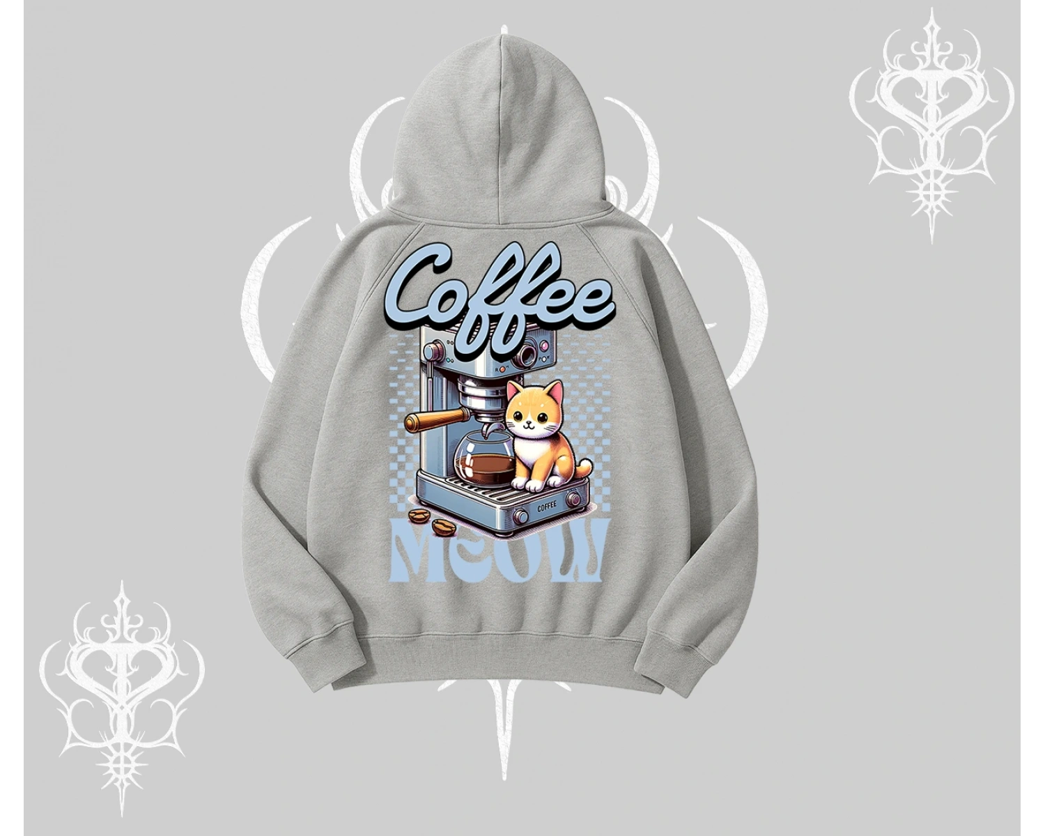 Coffee Meow Kahve Temalı Kedi Arka Baskılı Kapşonlu Sweatshirt