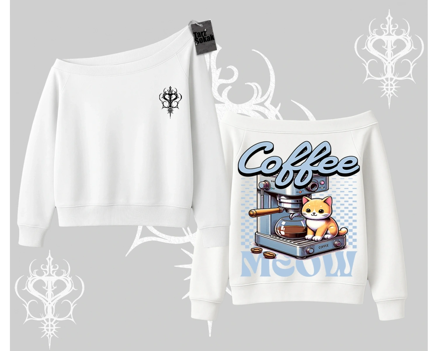 Coffee Meow Kahve Temalı Kedi Arka Baskılı Kayık Yaka Sweatshirt