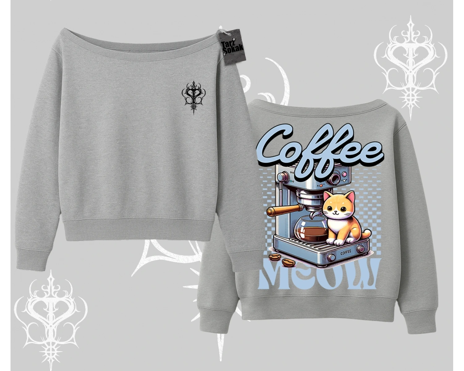 Coffee Meow Kahve Temalı Kedi Arka Baskılı Kayık Yaka Sweatshirt