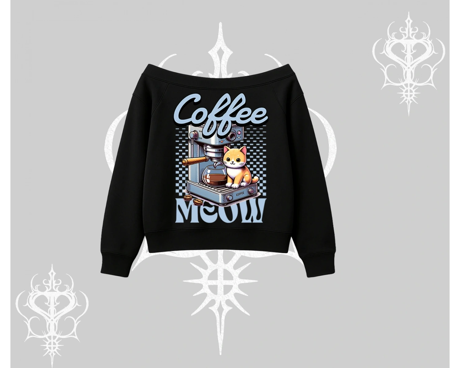 Coffee Meow Kahve Temalı Kedi Arka Baskılı Kayık Yaka Sweatshirt