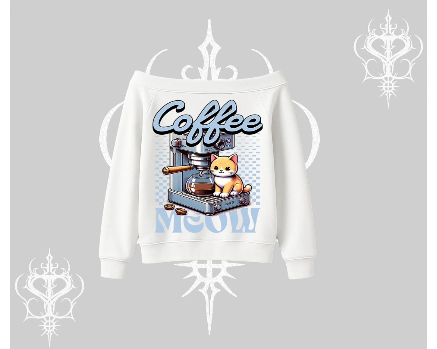 Coffee Meow Kahve Temalı Kedi Arka Baskılı Kayık Yaka Sweatshirt