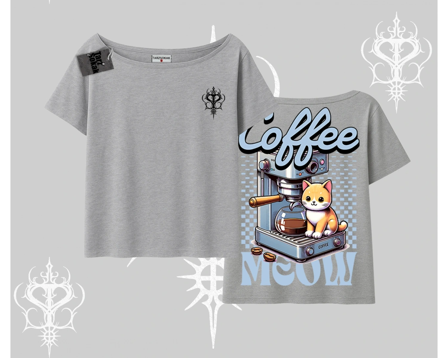 Coffee Meow Kahve Temalı Kedi Arka Baskılı Kayık Yaka Tshirt