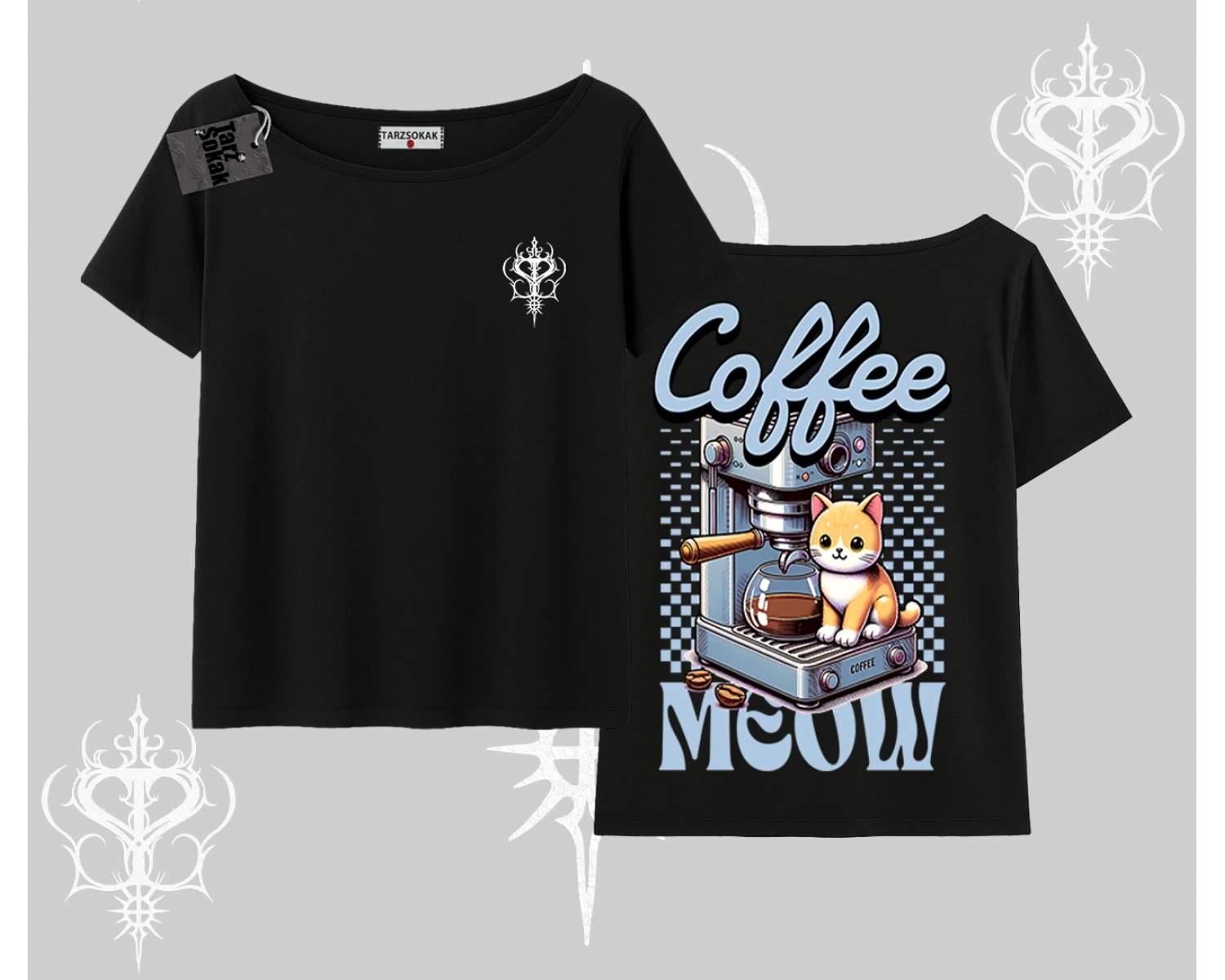 Coffee Meow Kahve Temalı Kedi Arka Baskılı Kayık Yaka Tshirt