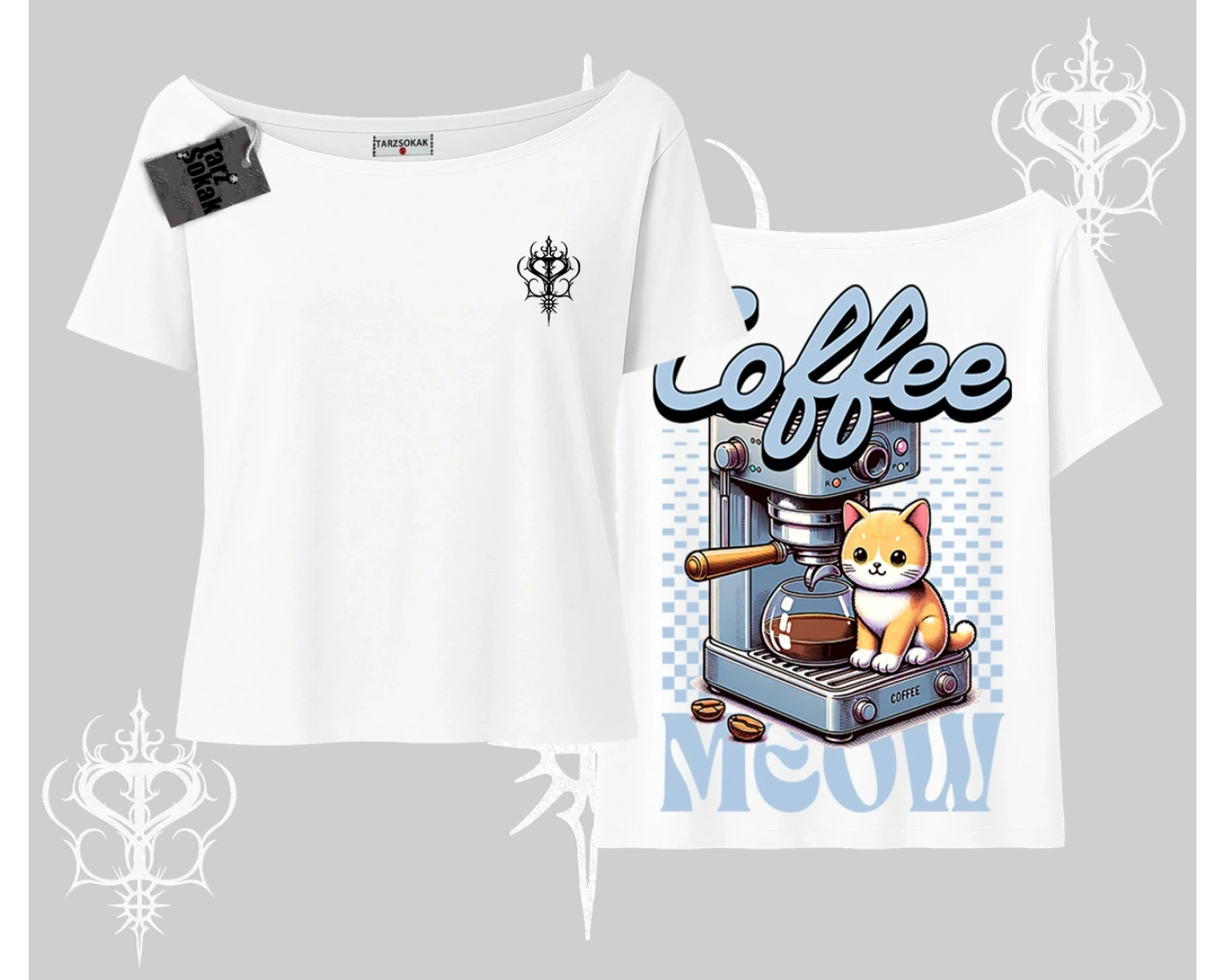 Coffee Meow Kahve Temalı Kedi Arka Baskılı Kayık Yaka Tshirt