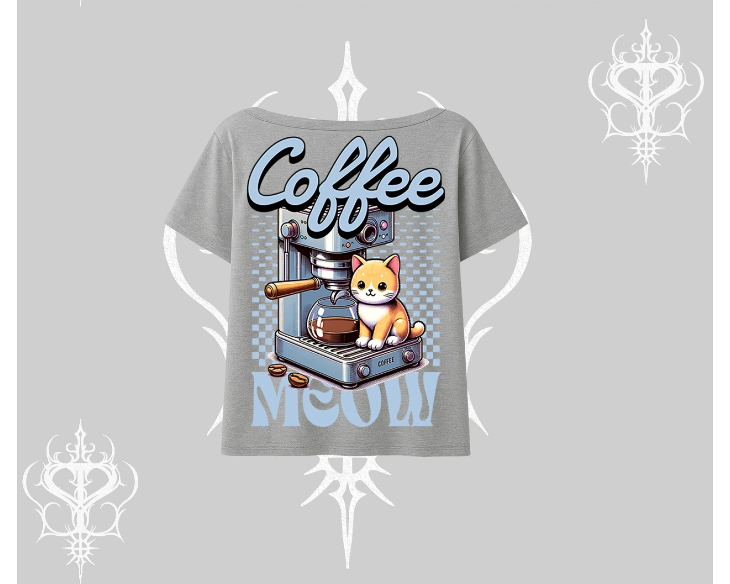 Coffee Meow Kahve Temalı Kedi Arka Baskılı Kayık Yaka Tshirt