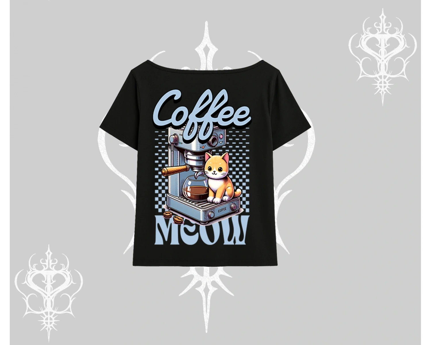 Coffee Meow Kahve Temalı Kedi Arka Baskılı Kayık Yaka Tshirt