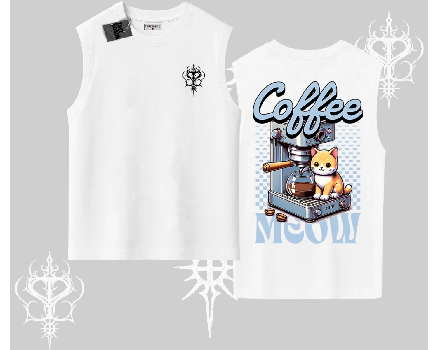 Coffee Meow Kahve Temalı Kedi Arka Baskılı Kolsuz Tshirt