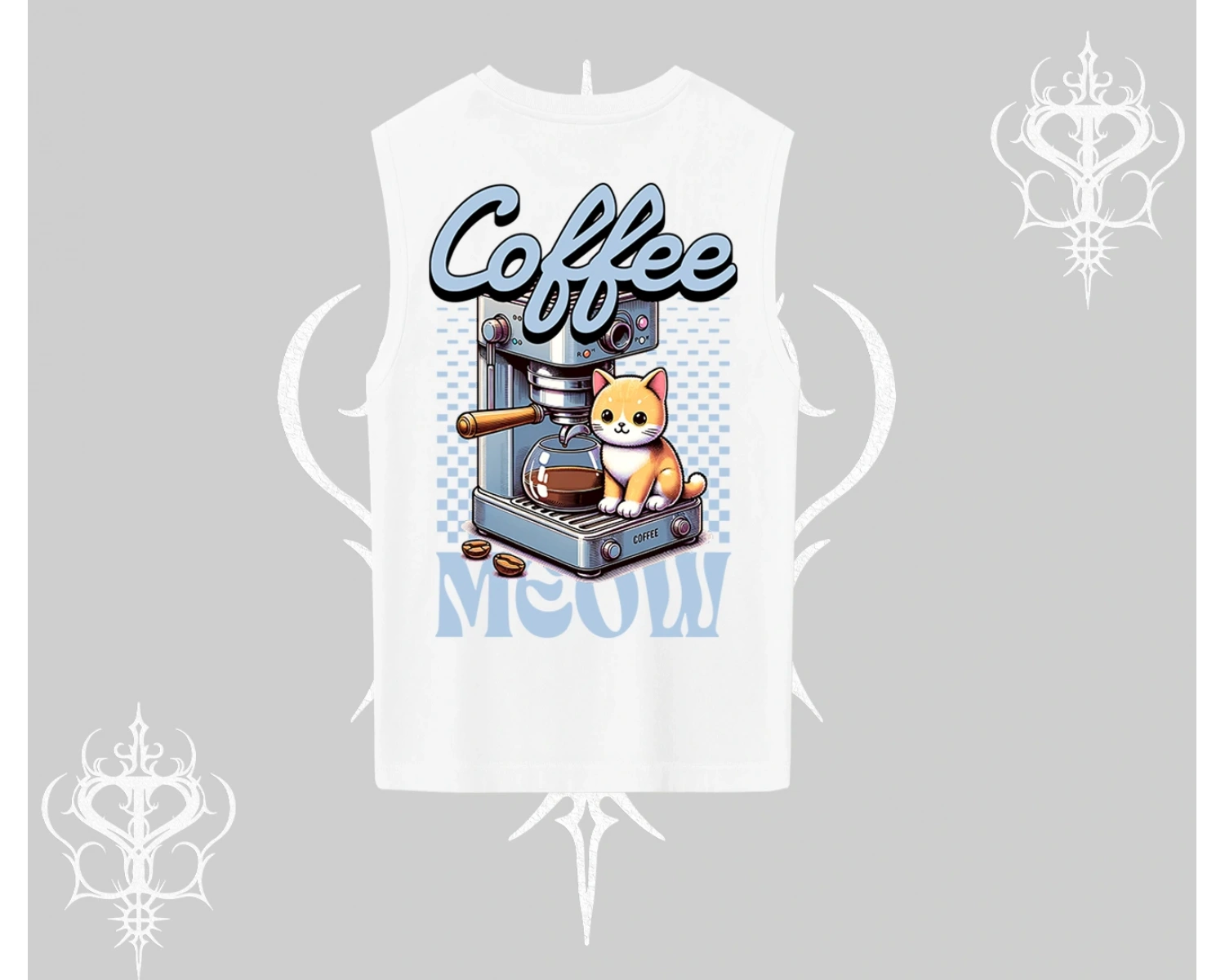Coffee Meow Kahve Temalı Kedi Arka Baskılı Kolsuz Tshirt