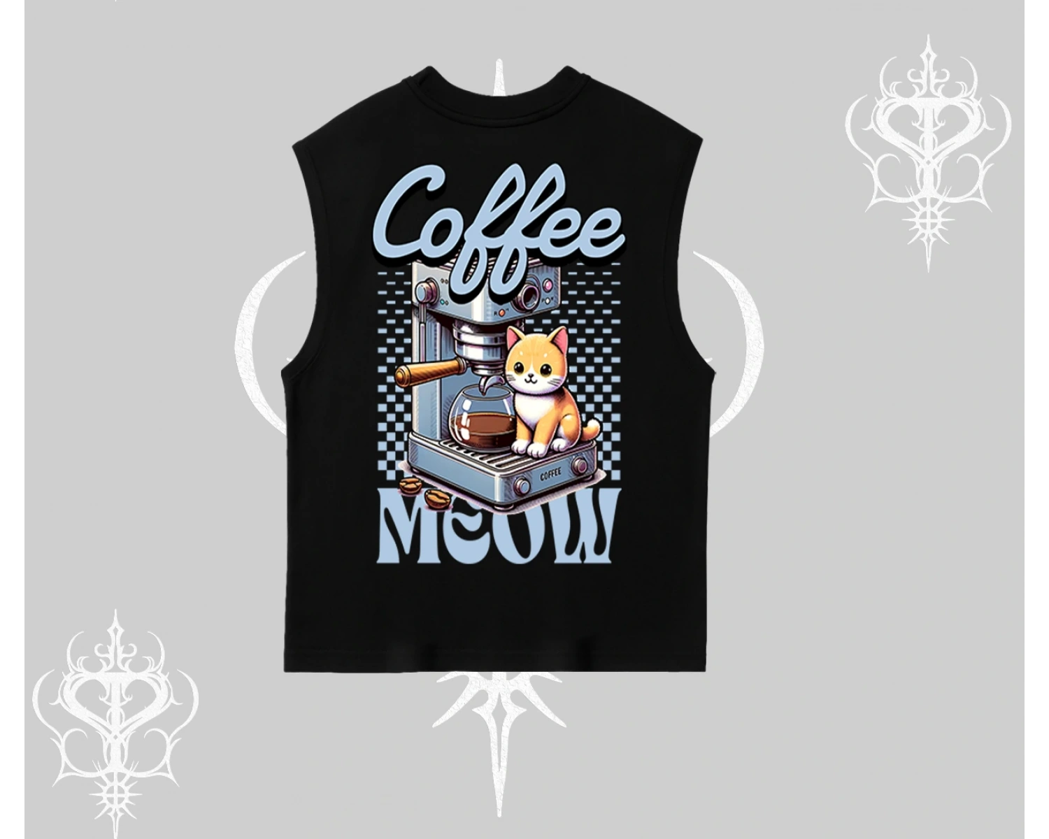 Coffee Meow Kahve Temalı Kedi Arka Baskılı Kolsuz Tshirt