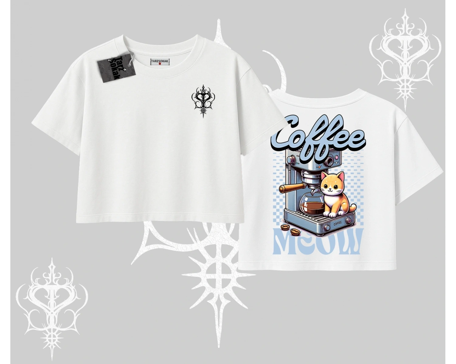 Coffee Meow Kahve Temalı Kedi Arka Baskılı Oversize Crop Tshirt