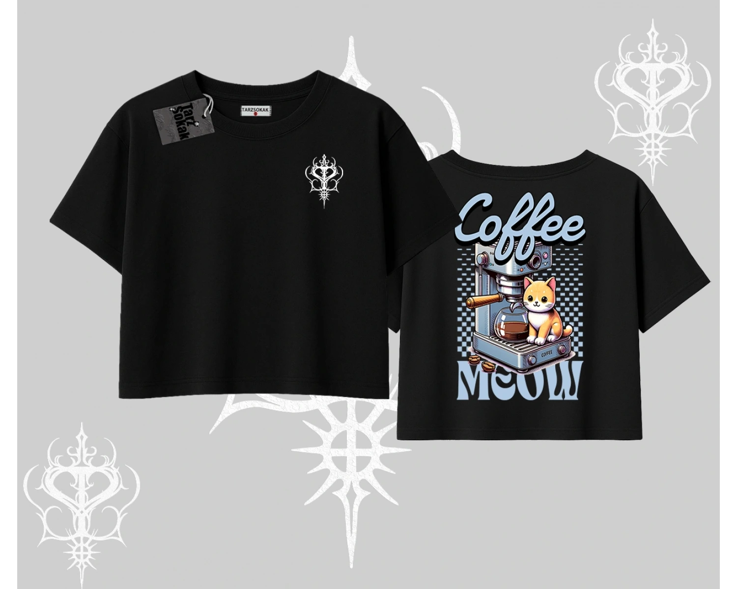 Coffee Meow Kahve Temalı Kedi Arka Baskılı Oversize Crop Tshirt