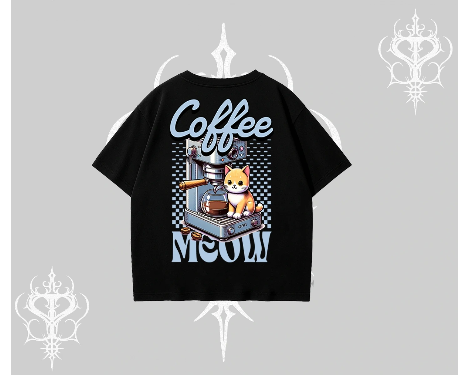 Coffee Meow Kahve Temalı Kedi Arka Baskılı Oversize Tshirt